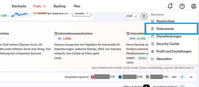 Swissquote Steuerauszug unter Dokumente auswählen