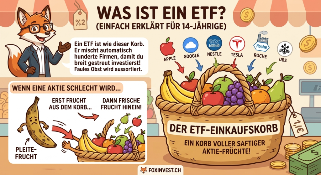 Was ist ein ETF? Infografik für die Metapher von einem Früchtekorb.